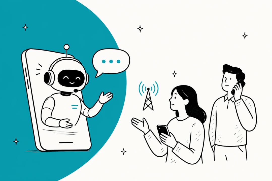 Illustration d'un chatbot IA traitant des questions de support client télécom sur les factures, la consommation de données et la couverture réseau