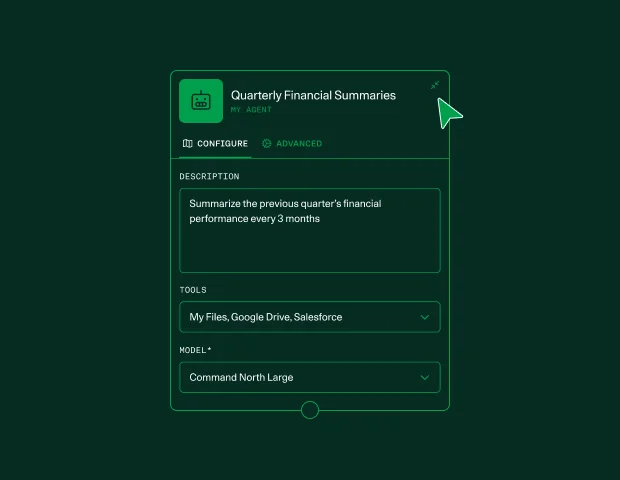 North agent configuration panel for a Quarterly Financial Summaries agent, with tools set to My Files, Google Drive and Salesforce and a model dropdown, as taken from the Cohere North page