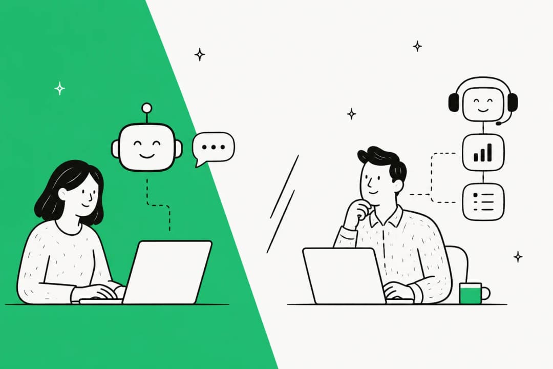 Split illustration comparing two AI support approaches, Freddy AI and a layered AI teammate, side by side