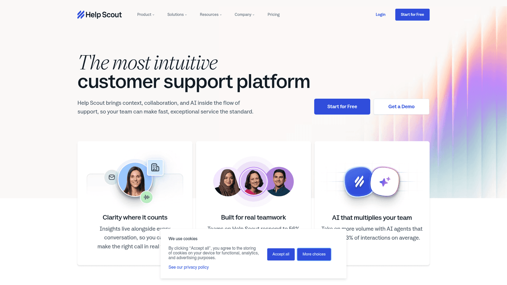 The Help Scout platform page showing its shared inbox and AI features