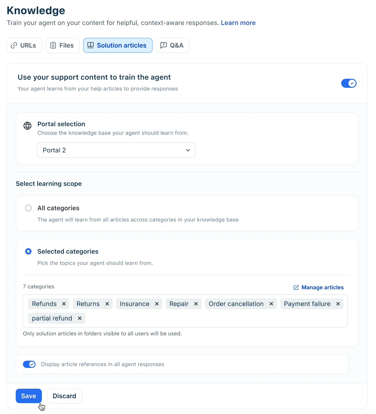 Freddy AI agent knowledge settings with a Portal selection dropdown and selected categories such as Refunds, Returns and Order cancellation, as taken from Freshdesk's AI agent documentation