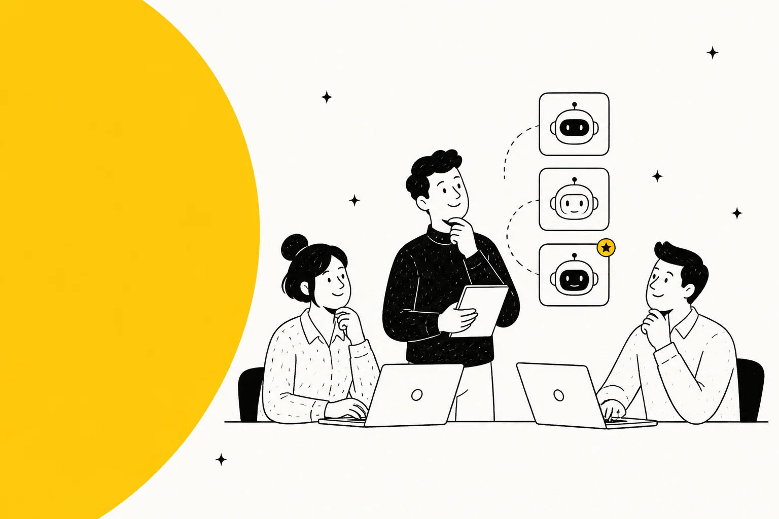 Illustration of a small team weighing several AI assistant options