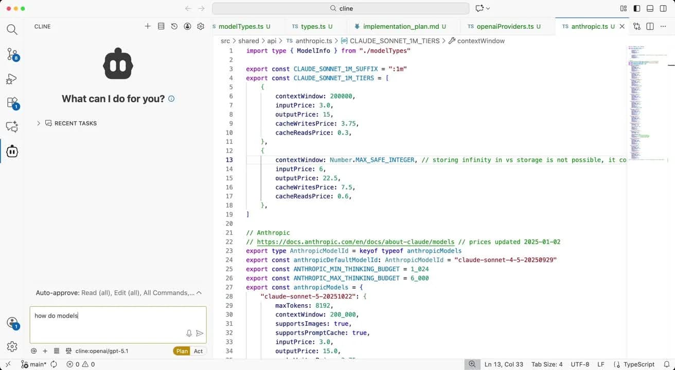 Cline's panel in VS Code with the auto-approve row and a plan-or-act toggle visible, as taken from Cline