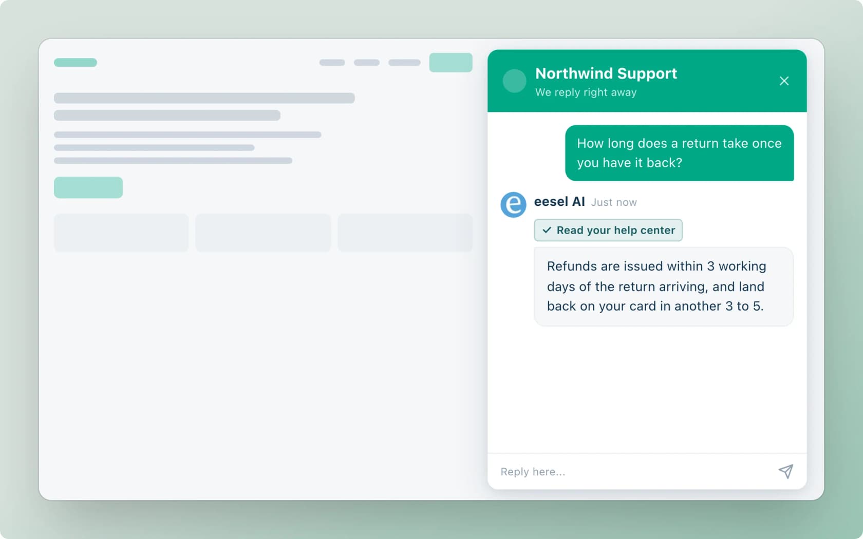 eesel answering a refund question in a live chat widget after reading the help center, as taken from the eesel docs