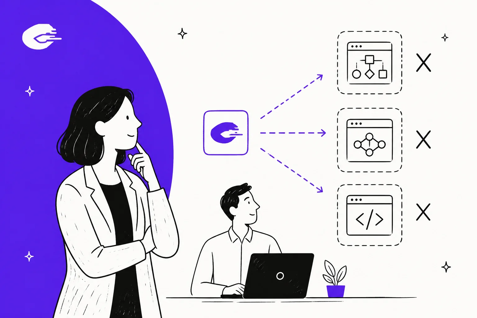 Illustration of a regulated-industry team weighing three AI application platforms against each other