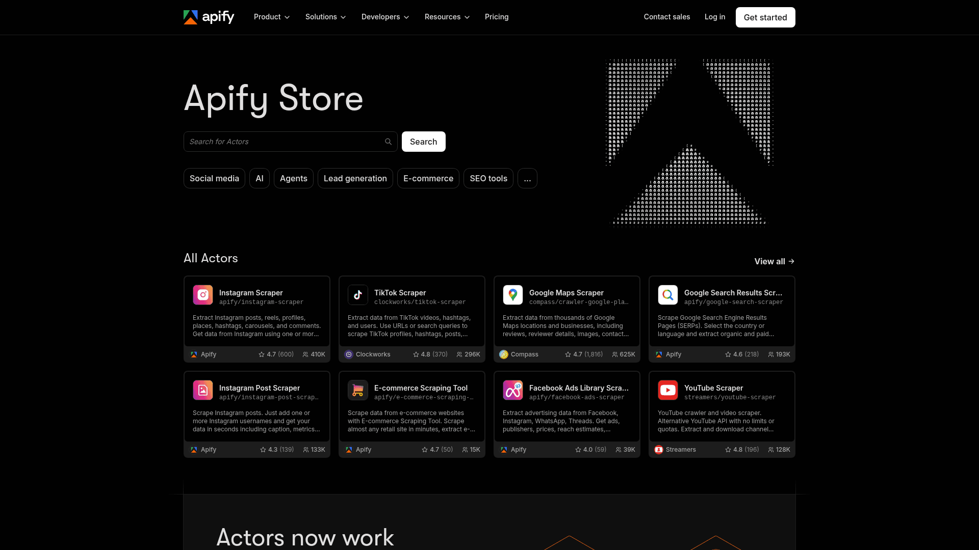 The Apify Store, with a search bar, category chips for Social media, Lead generation, E-commerce and SEO tools, and cards for Instagram, TikTok, Google Maps and Google Search scrapers showing ratings and user counts, as taken from Apify