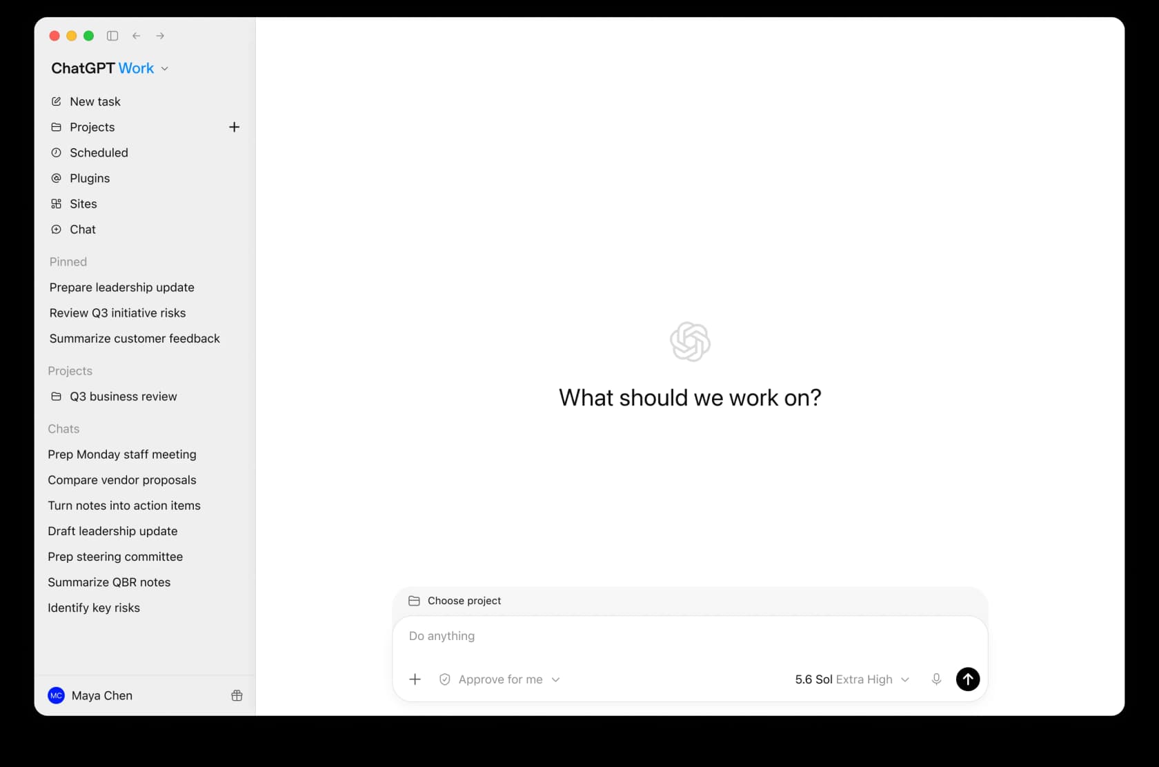 The ChatGPT Work desktop interface, with a task sidebar, a task composer, and an Approve for me permission dropdown next to the send button, as taken from OpenAI