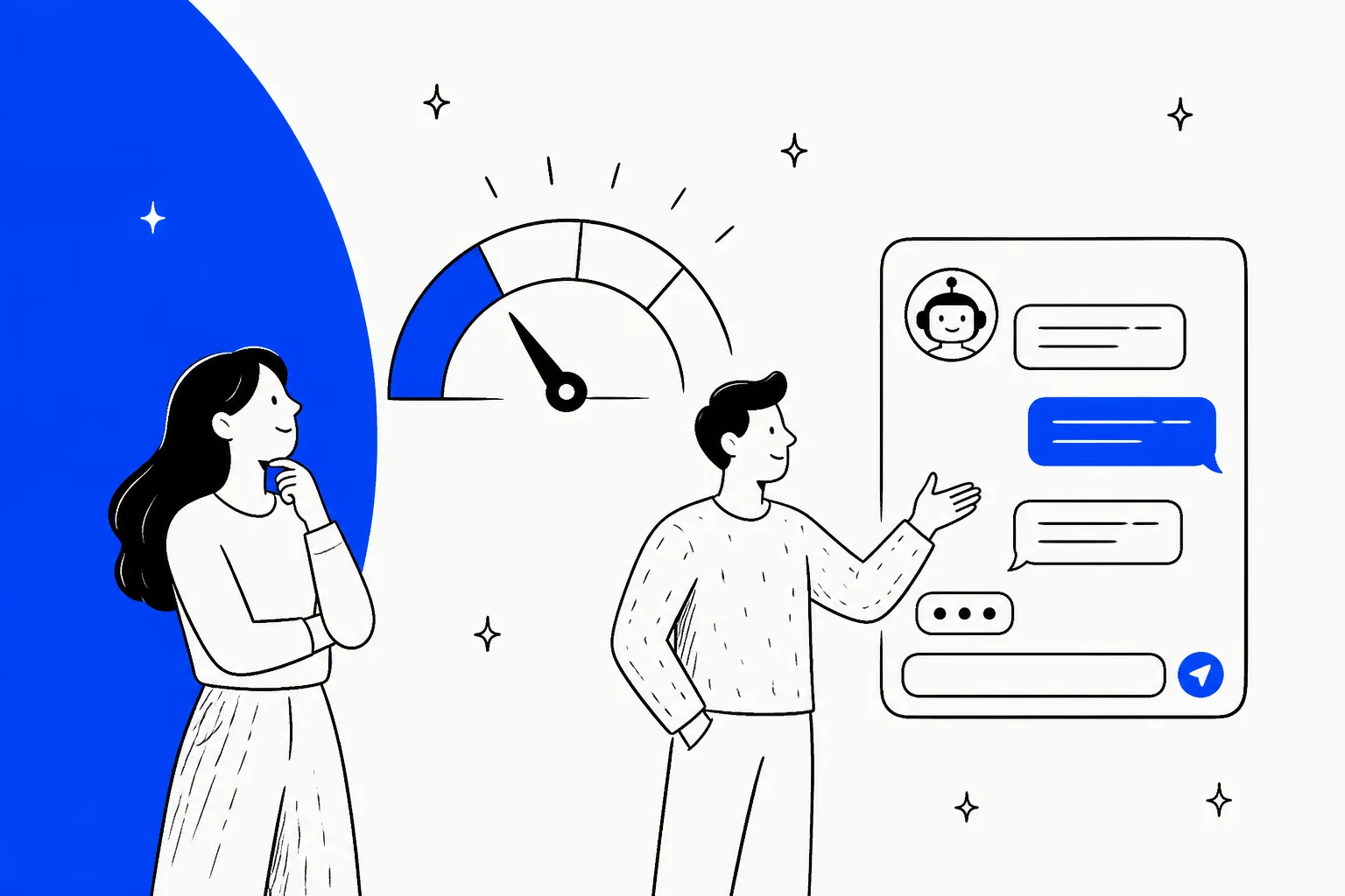 Two people looking at a usage meter beside a chat widget, illustrating how AI support platforms bill