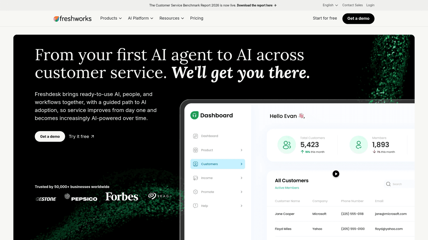 Freshworks' explainer page for its AI agent, showing the reply-composer assist in the product, as shown on Freshworks' own site