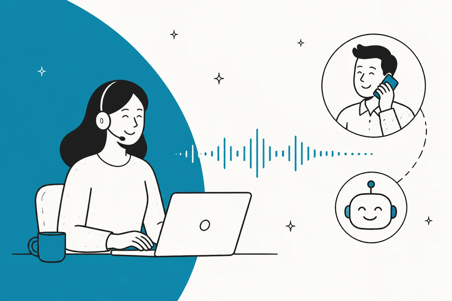 A support agent, a caller, and an AI voice bot connected by a soundwave, illustrating an AI voice agent for customer support