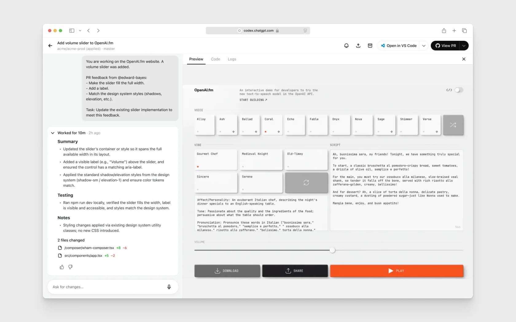 Codex running a task in the browser with a summary, testing notes, two changed files, and a live preview of the result, as taken from OpenAI