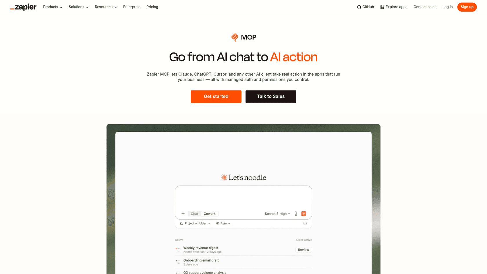 The Zapier MCP page with the headline "Go from AI chat to AI action", explaining that Zapier MCP lets Claude, ChatGPT, Cursor and other AI clients take action in your apps with managed auth, as taken from Zapier