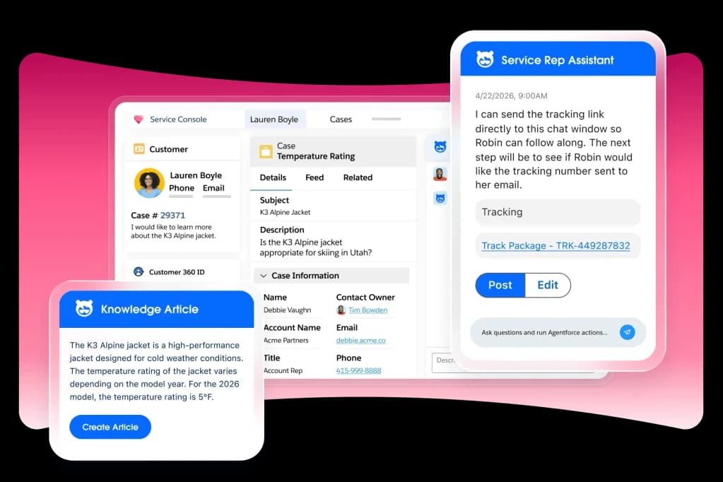 The Salesforce Service Console with the AI assistant drafting a reply next to the case and Customer 360 record, as taken from Salesforce