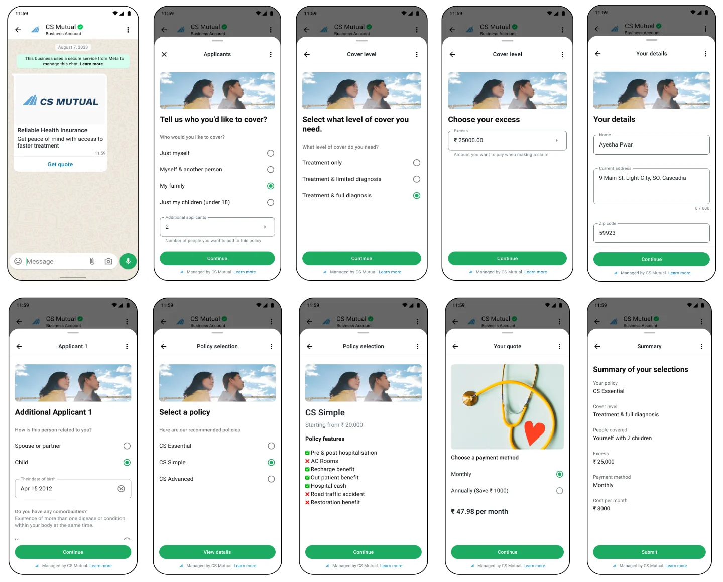 Ten WhatsApp Flow screens for an insurance quote, collecting applicants, cover level, personal details and payment method, as taken from Meta for Developers