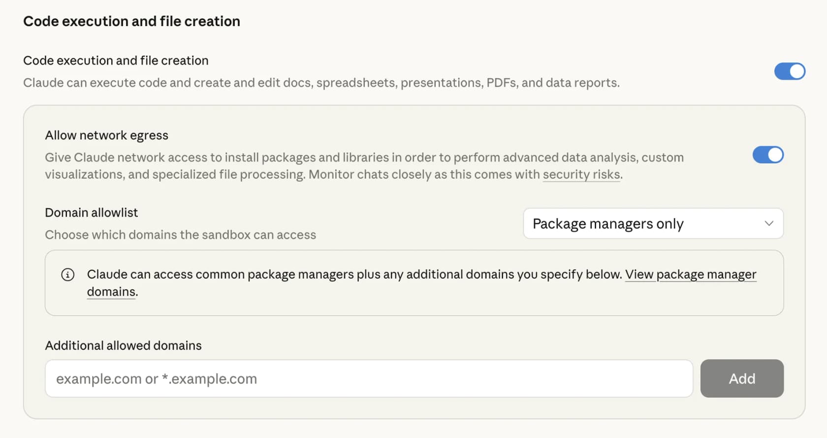 The code execution and file creation controls, with the network egress toggle and domain allowlist, as taken from Anthropic Support