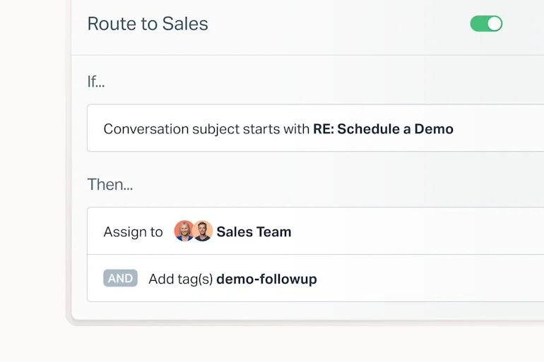 Help Scout's workflow builder routing a demo request to the sales team and tagging it automatically