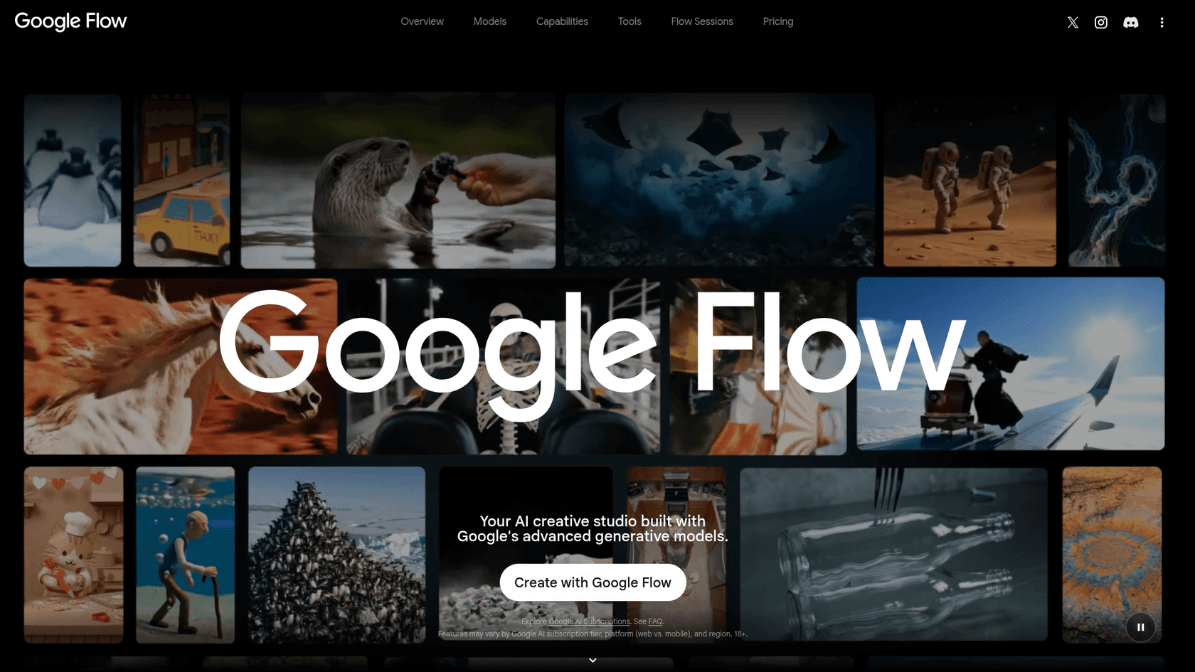 Google Flow, the creative studio where Veo runs, showing a wall of generated clips, as taken from Google Flow