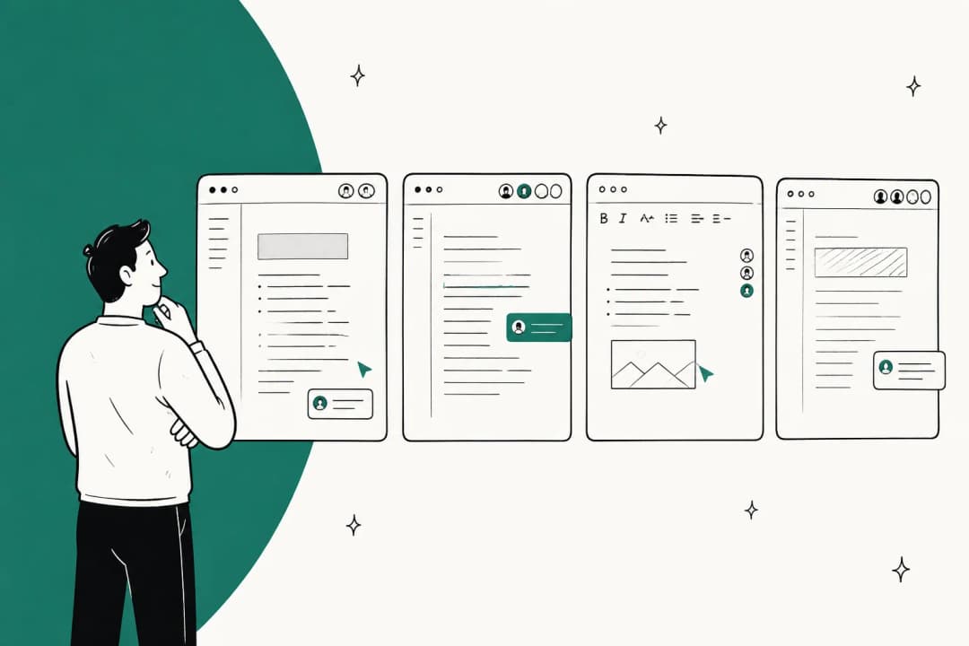 Hand-drawn illustration of a person comparing four shared document editors side by side, each with collaborator avatars and comment bubbles