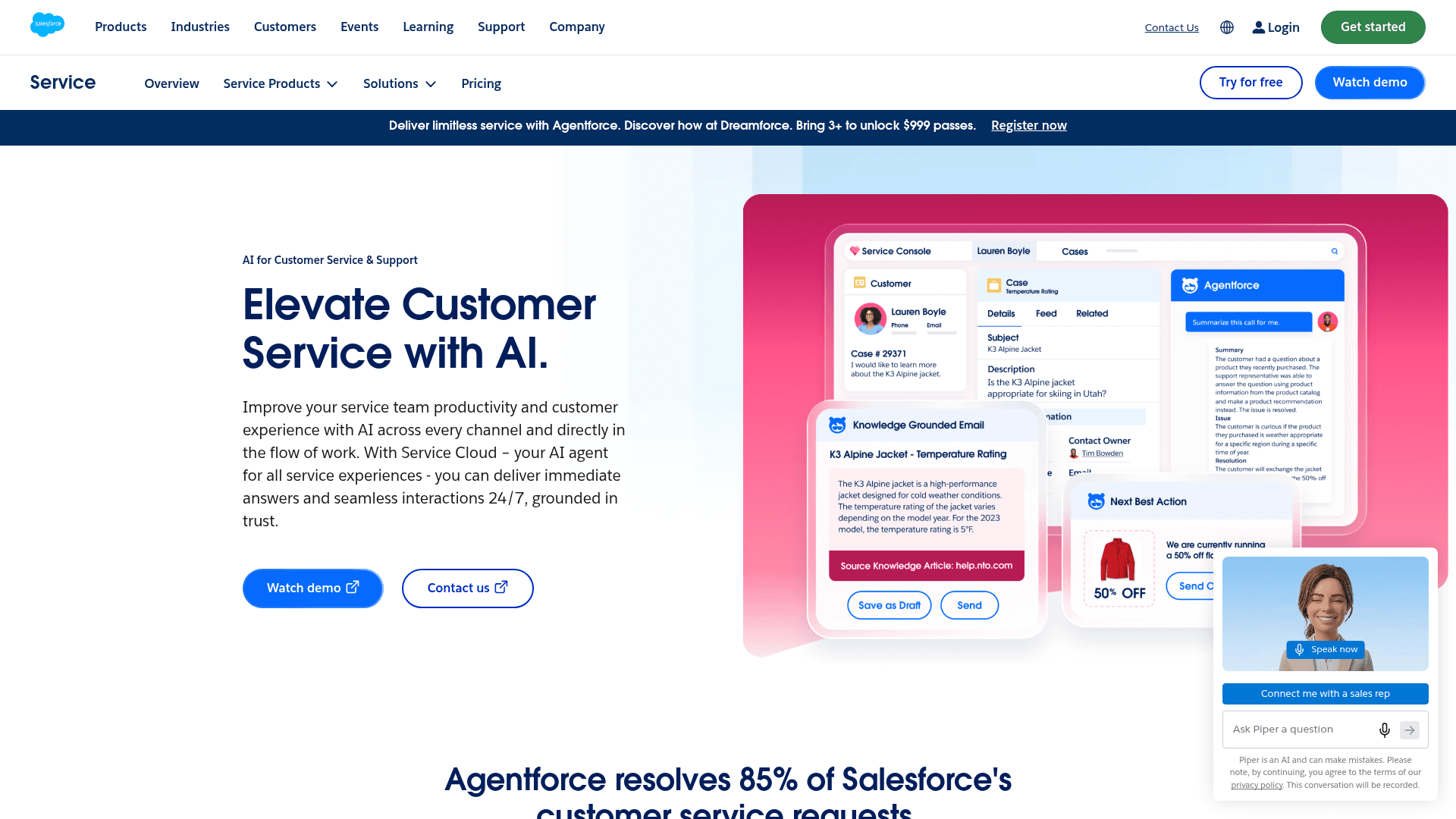 The Salesforce Service Console with the AI panel (now branded Agentforce) drafting a case summary, a knowledge-grounded reply, and a next best action, as shown on Salesforce's own Service AI page.