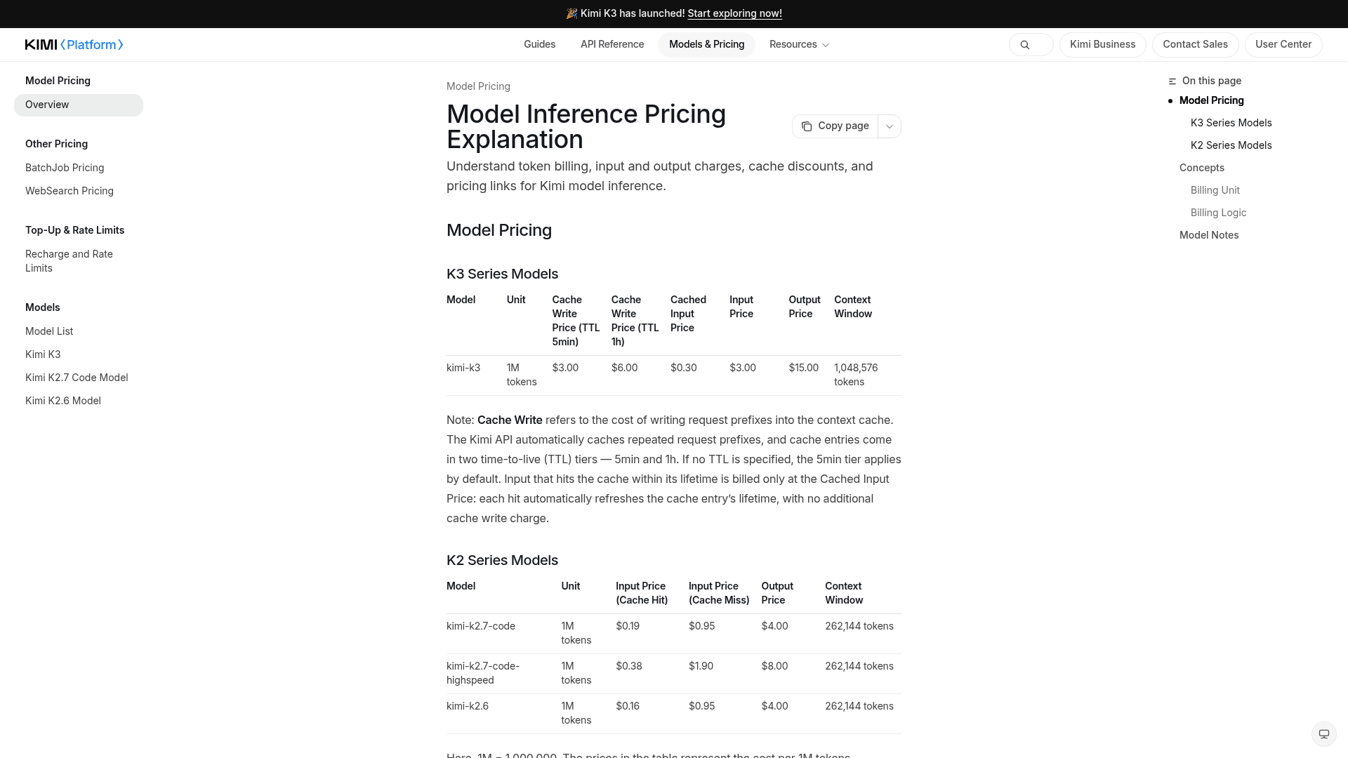 Moonshot's Kimi K3 model inference pricing table, as taken from Moonshot