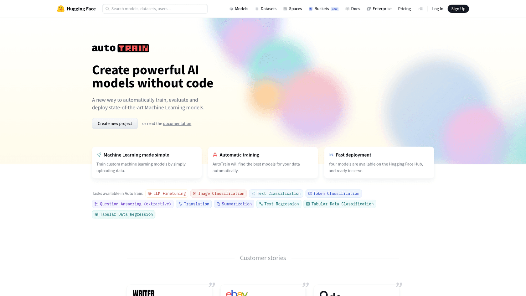 Hugging Face AutoTrain, a no-code interface to train text and token classification models, with tasks listed