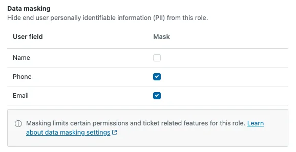 Zendesk custom role data masking settings with checkboxes to mask name, phone and email, as taken from Zendesk's help center
