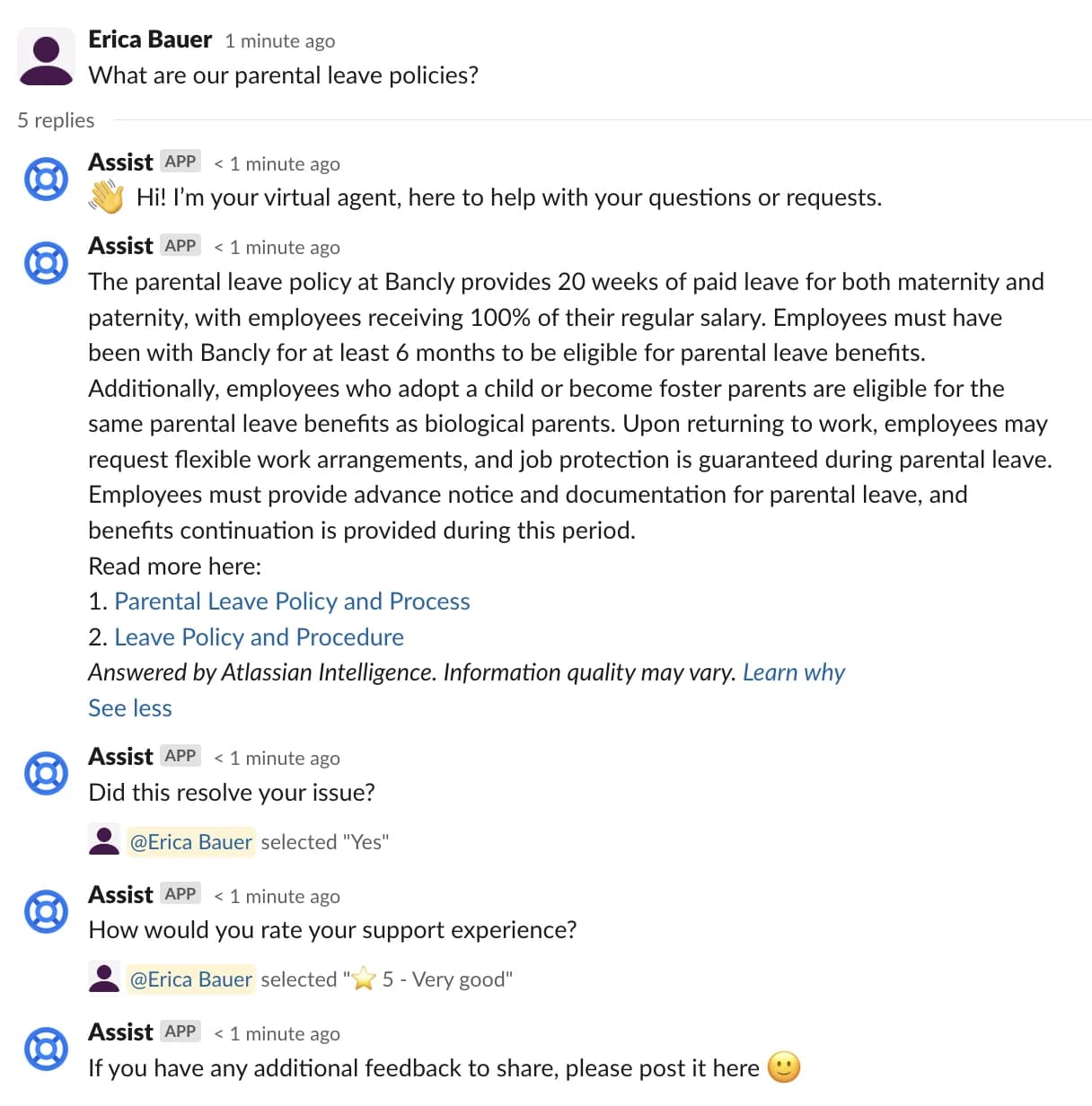 Der virtuelle Agent von Jira Service Management beantwortet eine Frage zu Richtlinien in einem Slack-Thread, wobei die Antwort mit "Answered by Atlassian Intelligence" markiert ist, entnommen aus der Support-Dokumentation von Atlassian