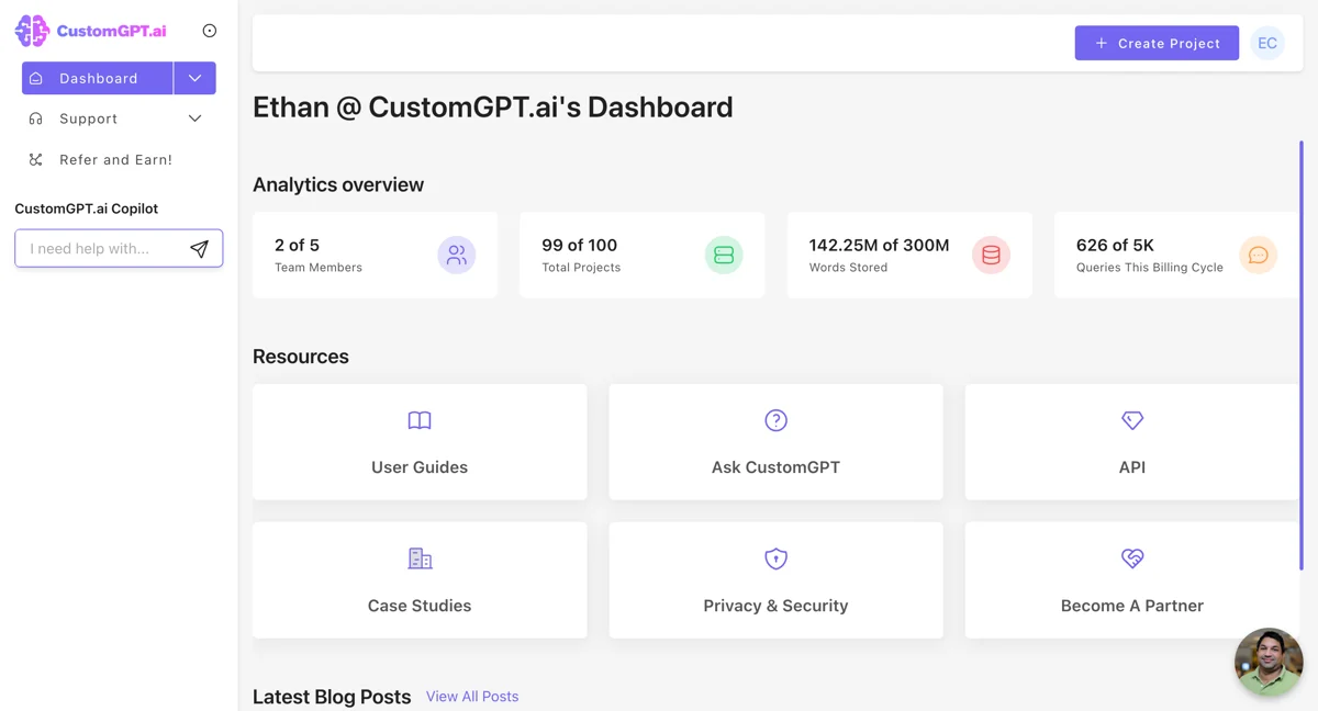 The CustomGPT.ai dashboard showing analytics for team members, projects, words stored, and queries used, as taken from CustomGPT.ai