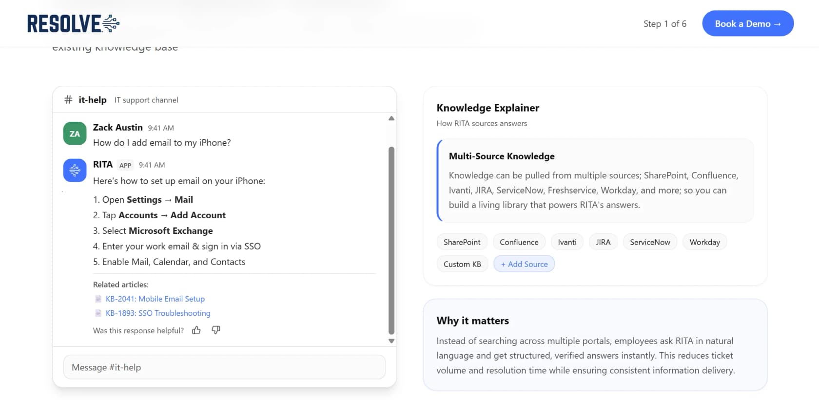Resolve's RITA assistant answering an IT help question in Slack, sourcing from ServiceNow and other knowledge bases