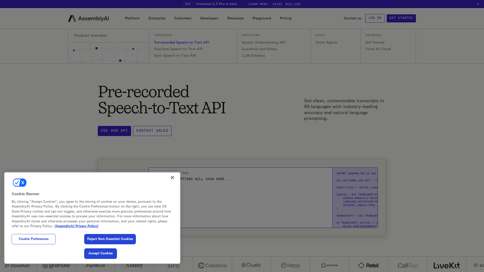 The AssemblyAI pre-recorded speech-to-text API page, as taken from AssemblyAI