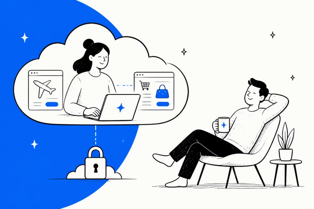 Illustrated hero banner for a Meta Muse review, showing a personal AI agent working inside a secure cloud VM on travel and shopping while its owner relaxes