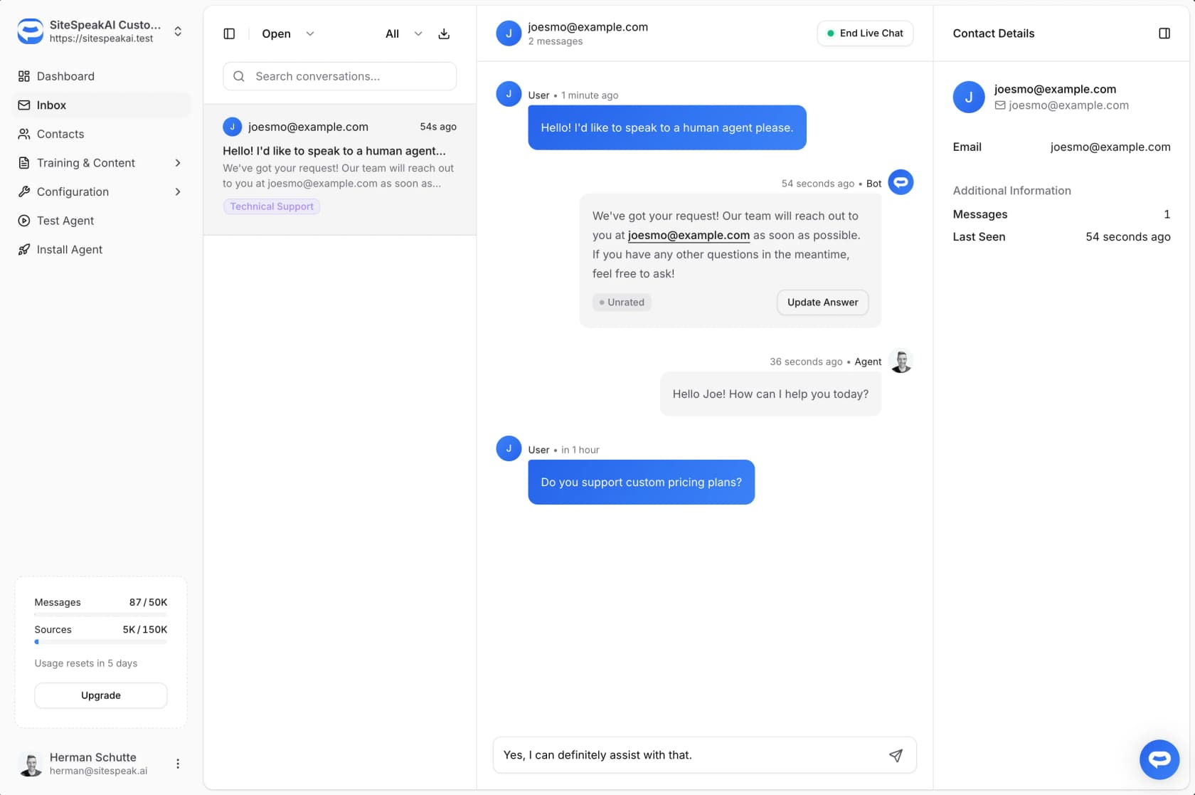 SiteSpeak Inbox with a visitor asking to speak to a human agent and a team member replying in a live chat session, as taken from the SiteSpeak docs
