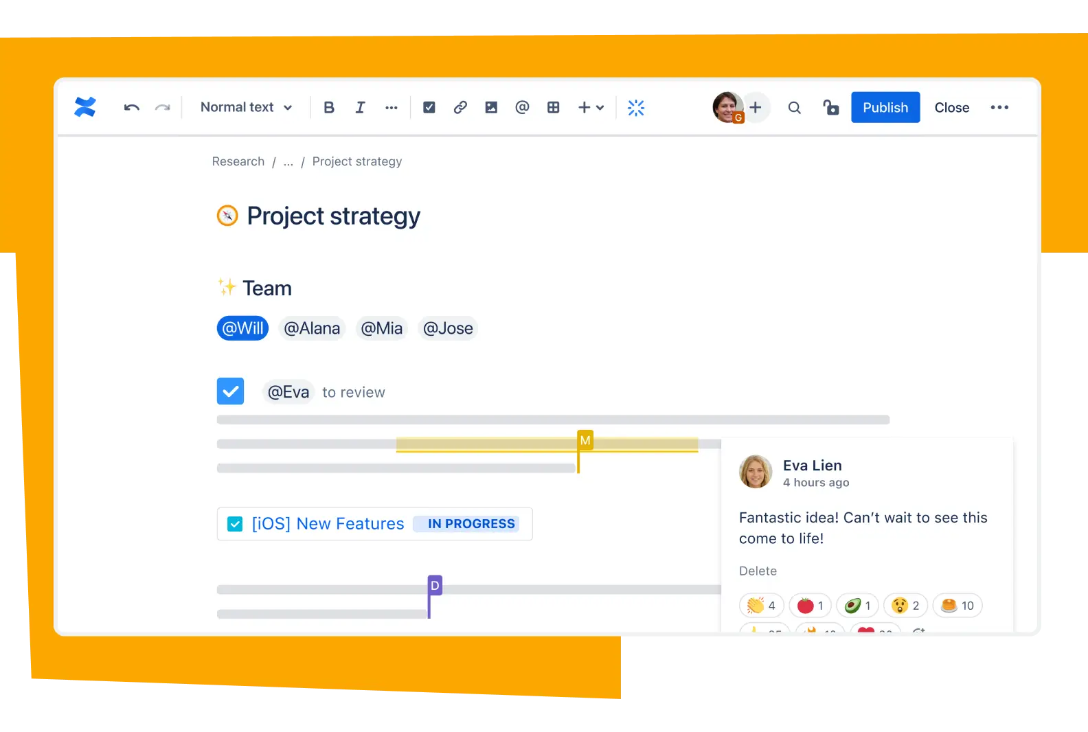 The Confluence page editor with the publish button, inline comments, and mentions, as taken from Atlassian