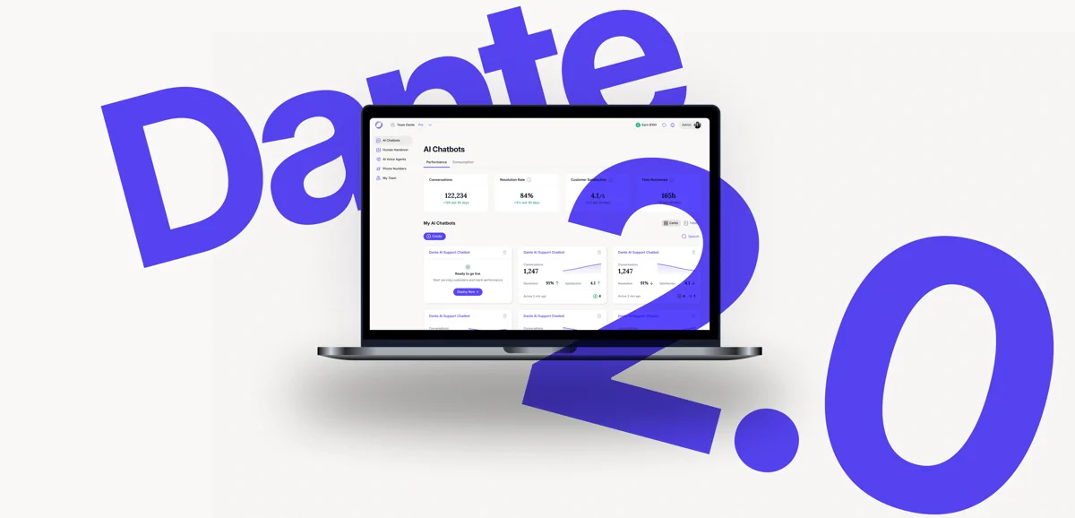 Dante 2.0 rebuild announcement showing the new AI Chatbots dashboard on a laptop, as taken from the Dante AI G2 listing