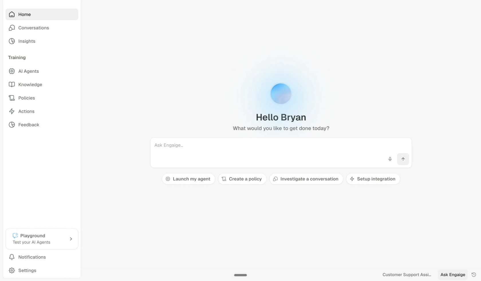 Engaige platform dashboard showing Home, Conversations and Insights alongside a Training section with AI Agents, Knowledge, Policies, Actions and Feedback, plus a Playground panel for testing agents