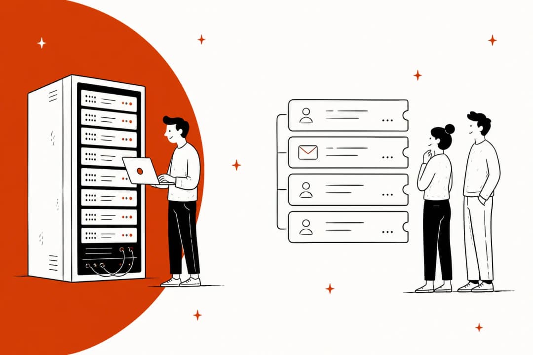 Ilustração de um rack de servidores alimentando uma fila de tickets de suporte, representando um software de helpdesk open source auto-hospedado