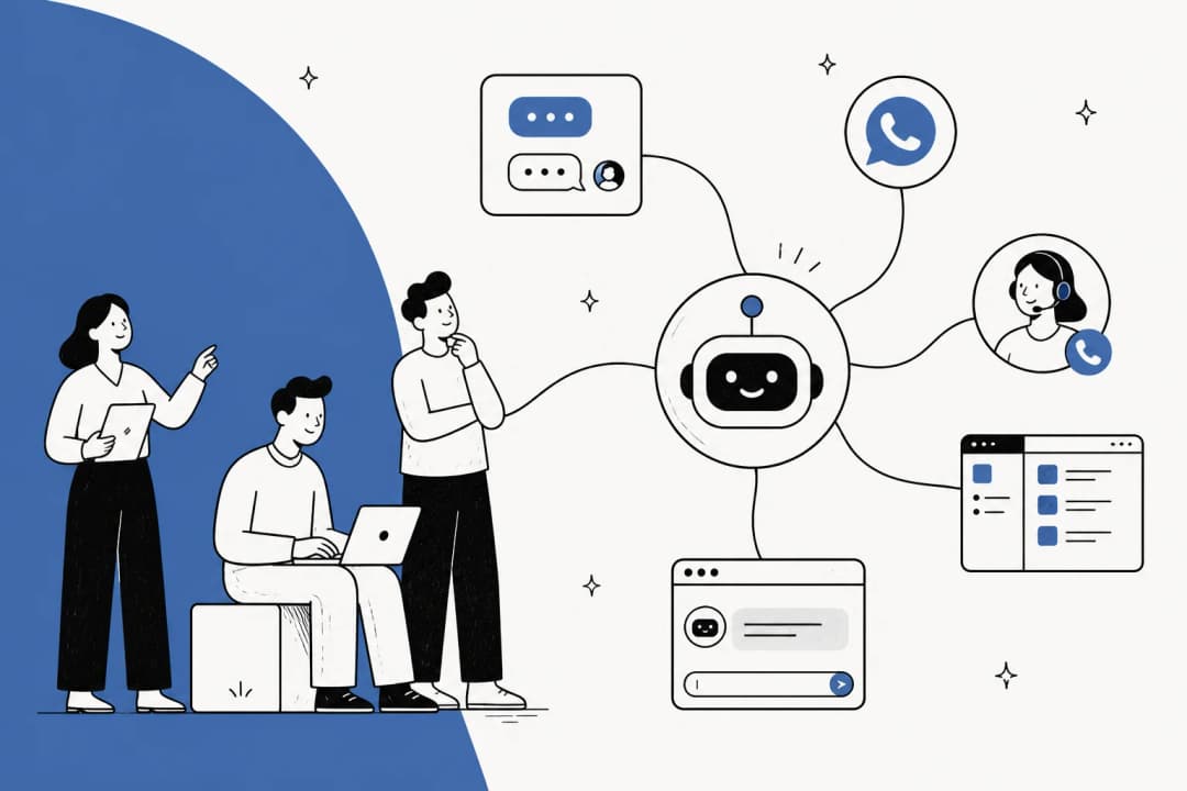 One central AI support engine connected by lines to many different frontends