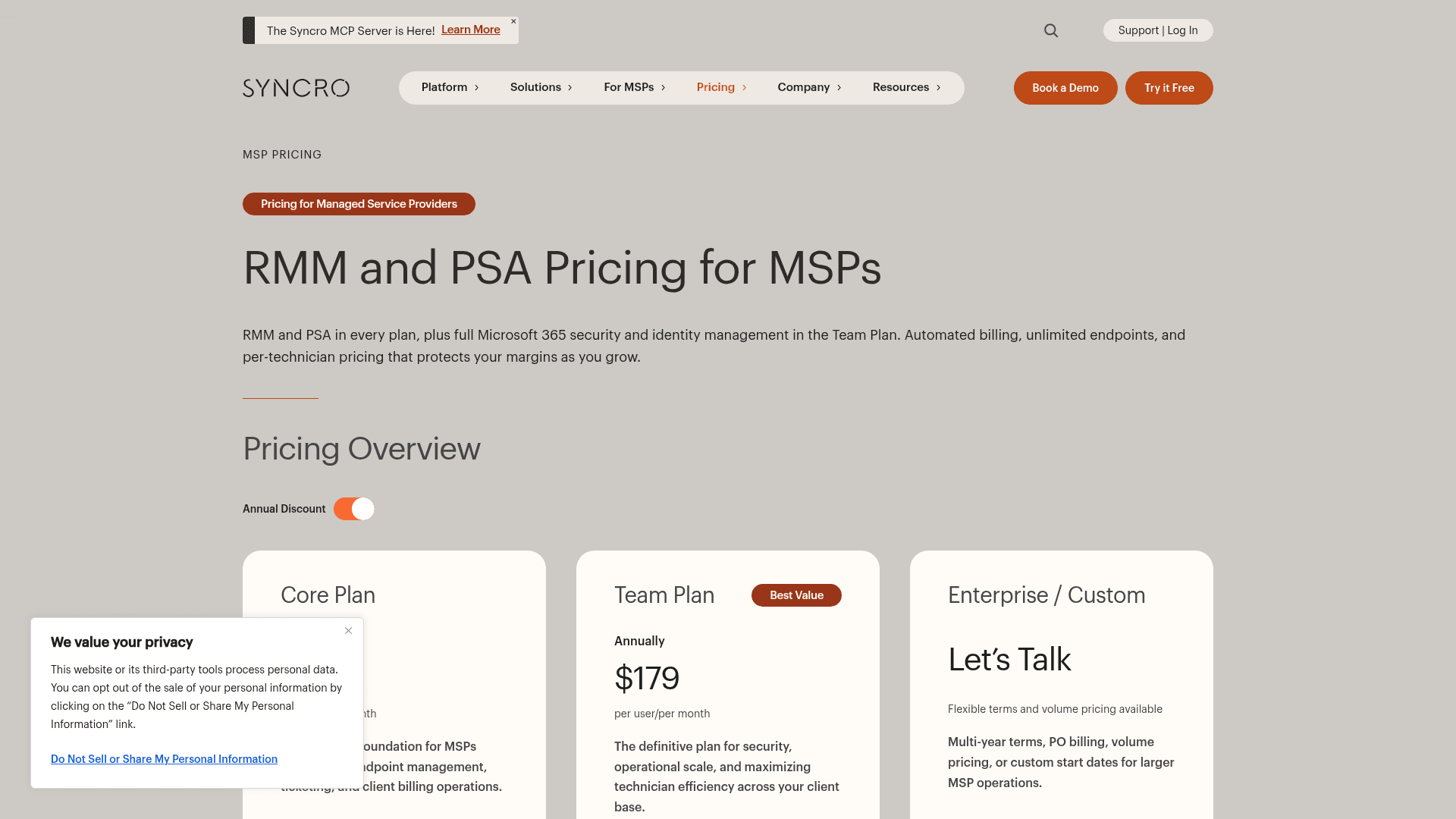 Syncro pricing page showing the Core and Team plans, as taken from Syncro