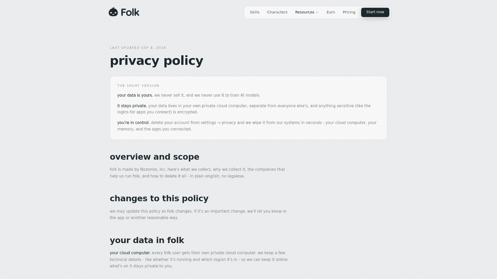 folk's privacy policy page with a short-version box saying your data is yours, it stays private in your own cloud computer, and you can delete your account in seconds, as captured from folk.com