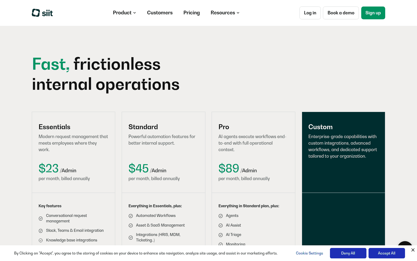 The Siit pricing page showing the Essentials, Standard and Pro tiers with AI features on Pro, as taken from Siit