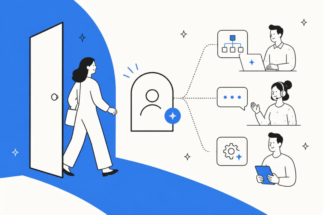 Illustration of an employee walking through a single front door that routes to IT, HR and finance teams