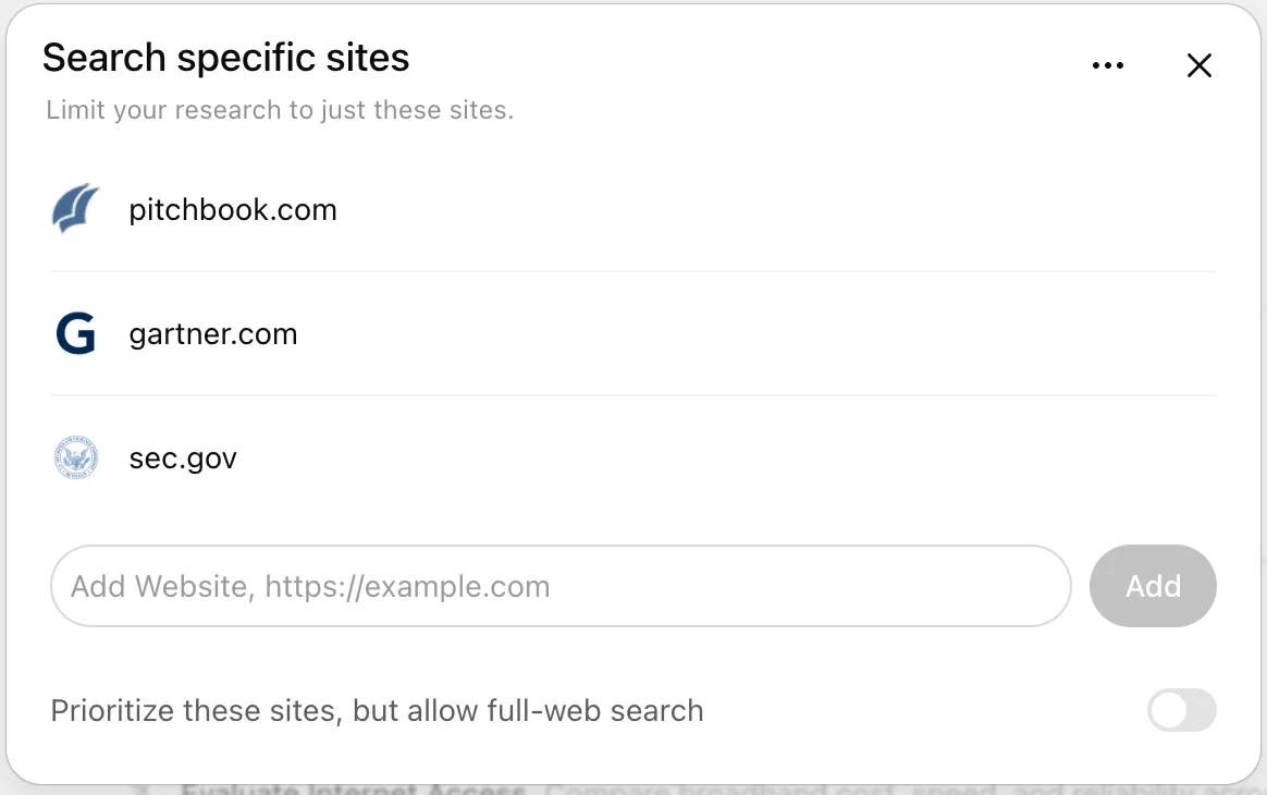 ChatGPT deep research's Search specific sites panel listing pitchbook.com, gartner.com, and sec.gov, with a toggle to prioritize these sites but allow full-web search, as taken from OpenAI Help Center