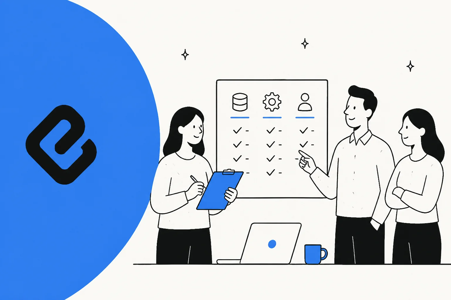 Illustration of a team reviewing a data and settings checklist next to the Elementum logo