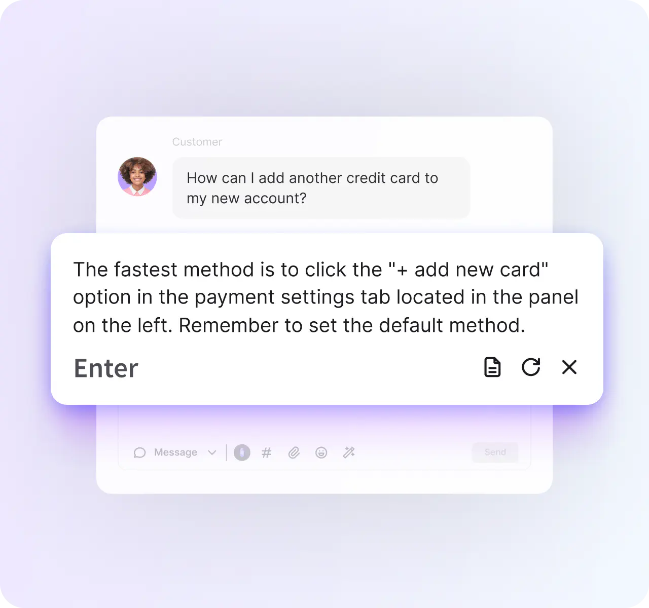 AI reply suggestion drafted from the knowledge base with an Enter-to-accept prompt, as taken from HelpDesk.com
