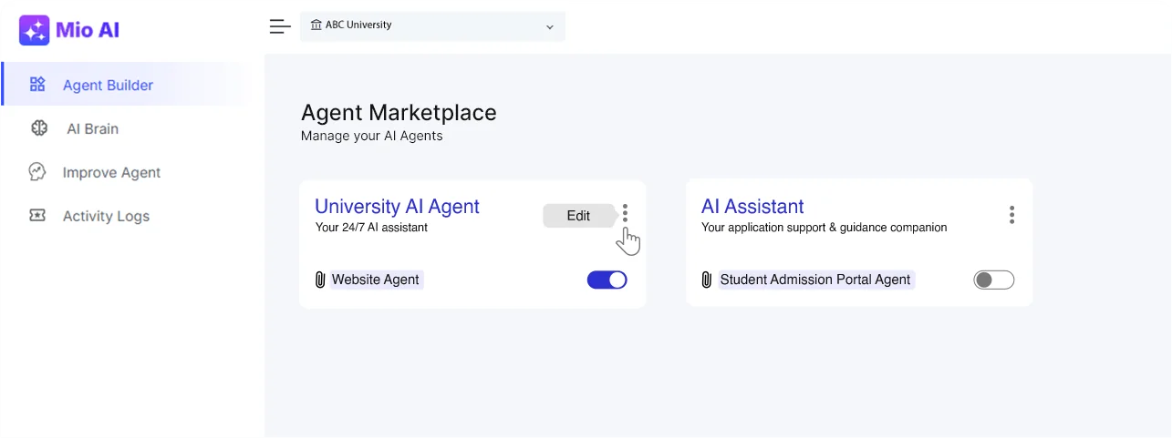 Mio AI Agent Builder showing a marketplace of toggleable university and admission-portal agents, as taken from Mio AI