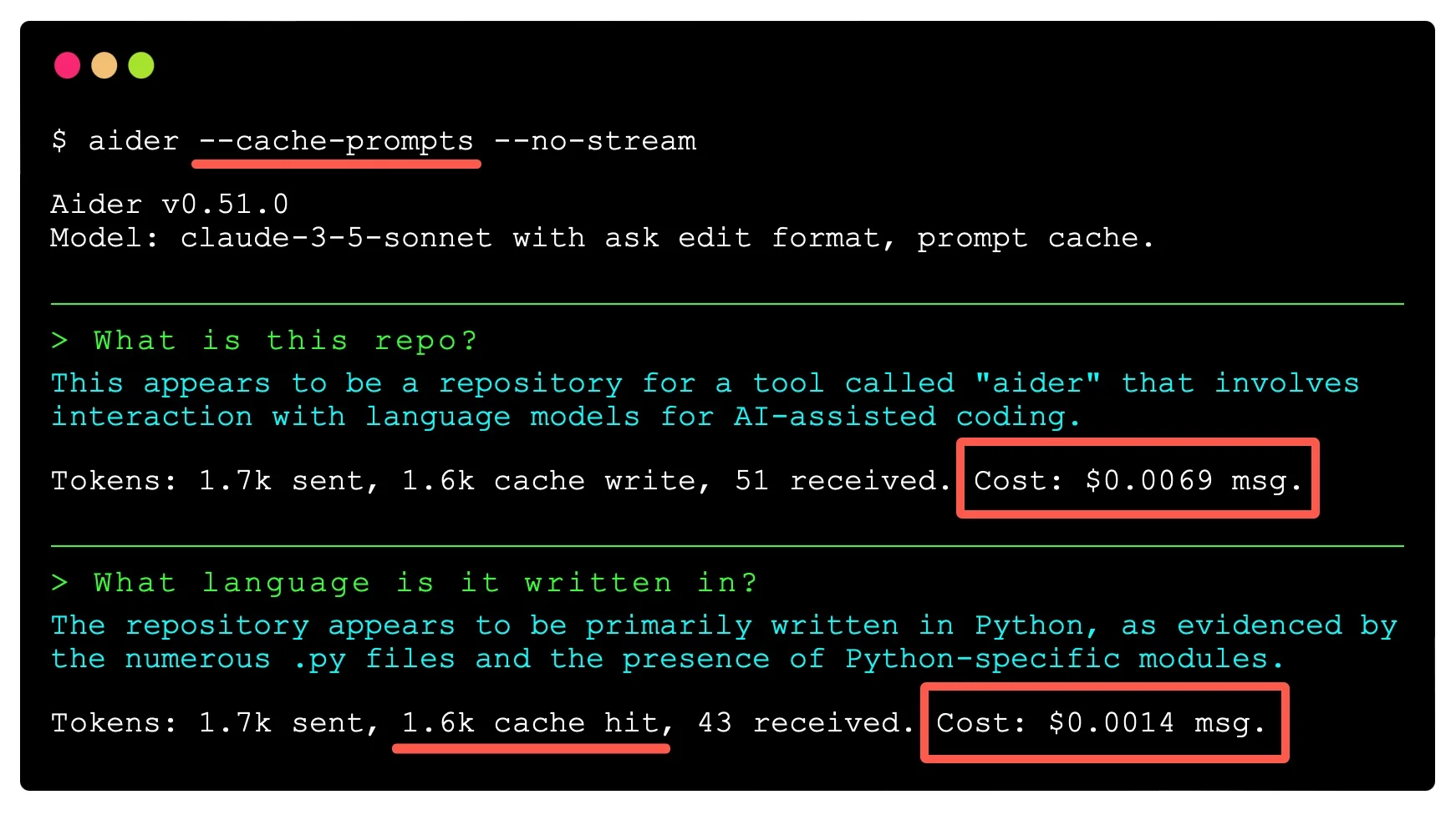 Aider running with prompt caching and streaming disabled, with the per-message cost lines called out in the terminal output, as taken from Aider's docs