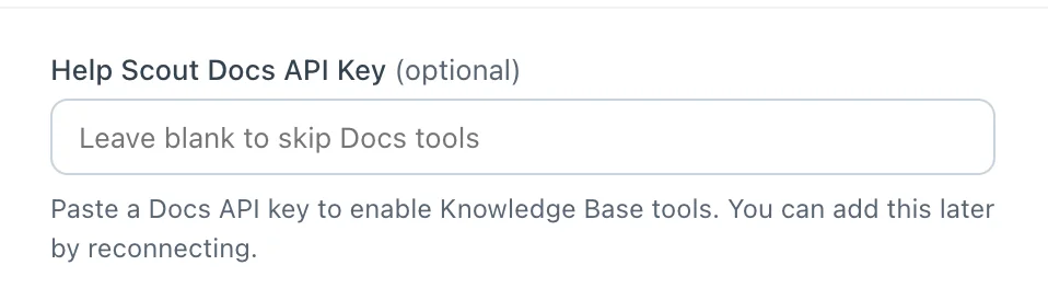 Help Scout authorisation screen showing the optional Docs API Key field, as taken from the Help Scout docs
