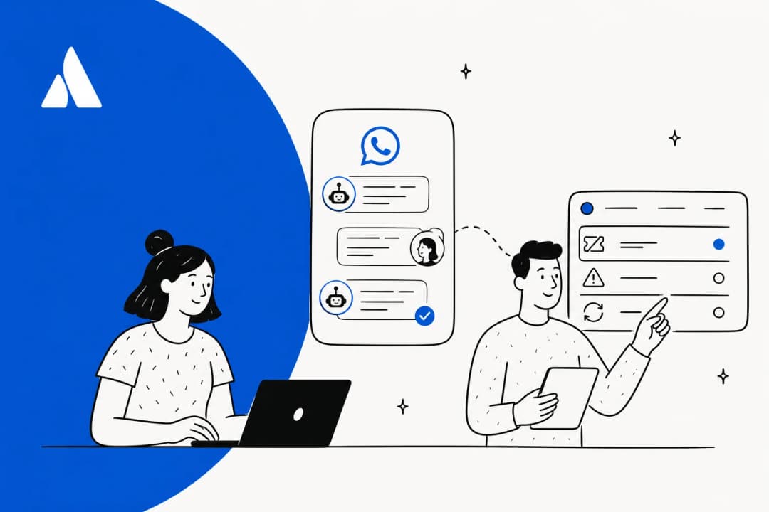 Hand-drawn illustration of a person at a laptop and a teammate pointing at a request list, linked by a dotted line to a WhatsApp chat card with bot and human replies