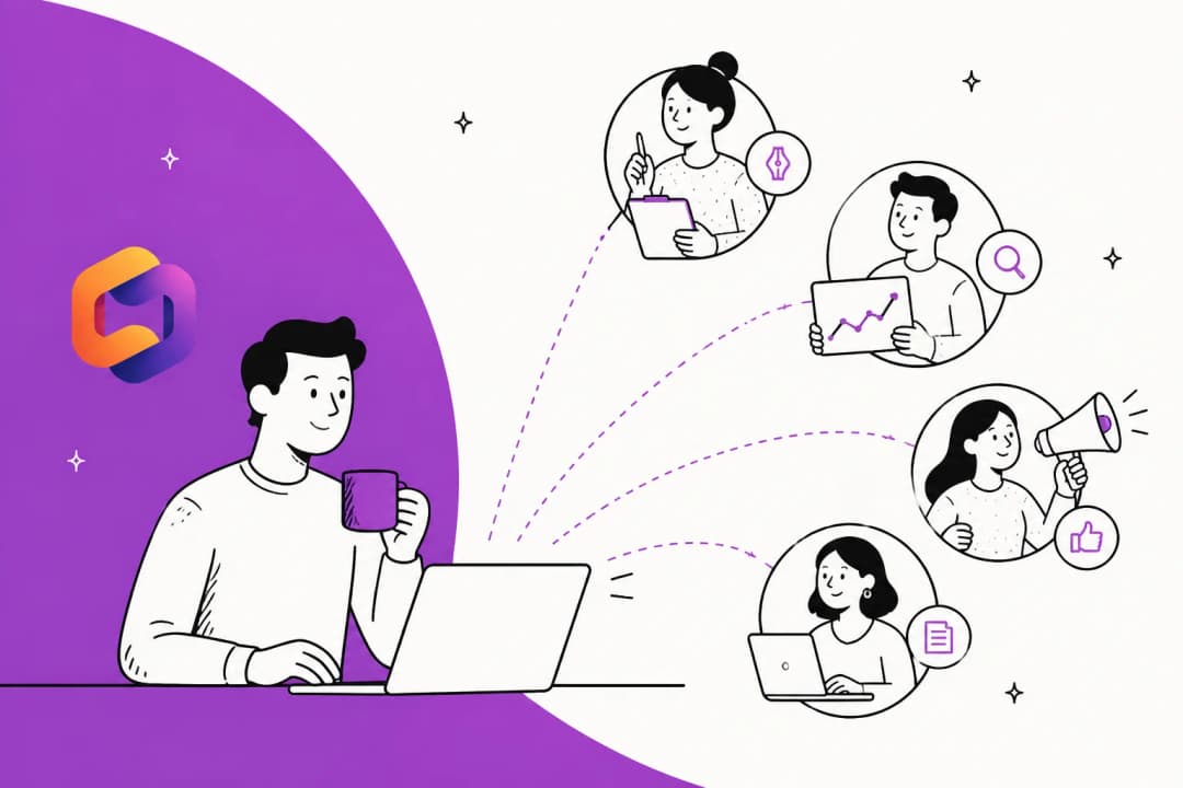 Illustration of an AI marketing employee handing work off to specialist assistants
