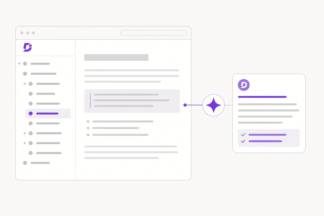 Illustration of a Document360 knowledge base panel with an AI assistant answering a question from the docs